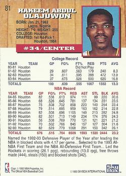 1993-94 Hoops #81 Hakeem Olajuwon Back