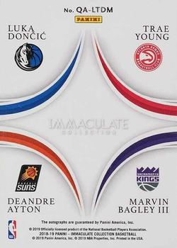2018-19 Panini Immaculate Collection - Quad Autographs #QA-LTDM Deandre Ayton / Luka Doncic / Marvin Bagley III / Trae Young Back