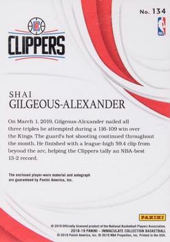 2018-19 Panini Immaculate Collection - Rookie Patch Autographs Jersey Number #134 Shai Gilgeous-Alexander Back