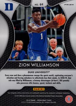 2019 Panini Prizm Draft Picks - Prizms Orange #64 Zion Williamson Back