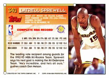 1993-94 Topps #340 Latrell Sprewell Back