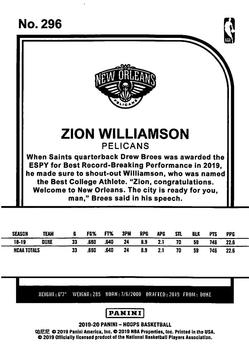 2019-20 Hoops Winter #296 Zion Williamson Back