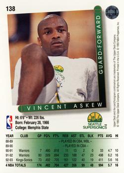 1993-94 Upper Deck #138 Vincent Askew Back