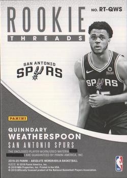 2019-20 Panini Absolute Memorabilia - Rookie Threads Level 1 #RT-QWS Quinndary Weatherspoon Back