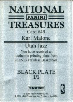 2013-14 Panini National Treasures - 2012-13 Panini Flawless - Patches Autographs Printing Plates Black #49 Karl Malone Back