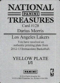 2013-14 Panini National Treasures - 2012-13 Immaculate - Printing Plates Yellow #128 Darius Morris Back