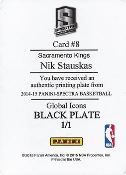 2014-15 Panini National Treasures - 2014-15 Panini Spectra - Global Icons Printing Plates Black #8 Nik Stauskas Back