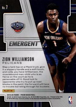 2019-20 Panini Prizm - Emergent #7 Zion Williamson Back