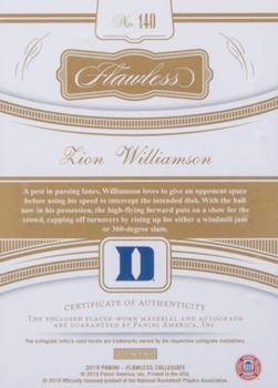2019 Panini Flawless Collegiate - Flawless Rookie Patch Autographs #140 Zion Williamson Back