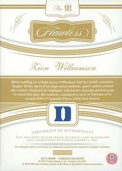 2019 Panini Flawless Collegiate - Flawless Rookie Patch Autographs Black #101 Zion Williamson Back