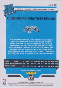 2019-20 Donruss - Press Proof Gold Laser #243 Quinndary Weatherspoon Back