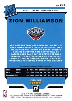 2019-20 Donruss - Rated Rookies Signatures #201 Zion Williamson Back