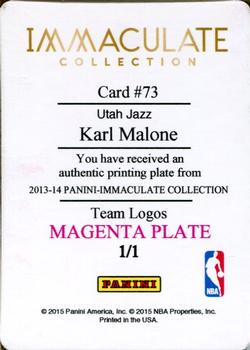 2014-15 Panini Immaculate Collection - 2013-14 Panini Immaculate Collection Team Logos - Printing Plate Magenta #73 Karl Malone Back