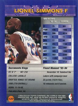 1994-95 Finest - Refractors #127 Lionel Simmons Back