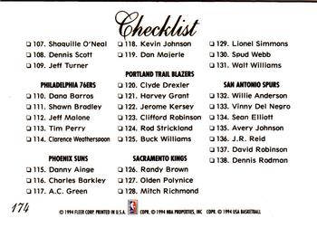 1994-95 Flair #174 Checklist: 71-138 Back