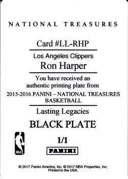 2016-17 Panini National Treasures - 2015-16 National Treasures Lasting Legacies Printing Plates Black #LL-RHP Ron Harper Back