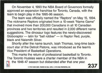 1994-95 Fleer #237 Toronto Raptors Back