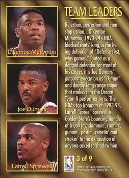 1994-95 Fleer - Team Leaders #3 Dikembe Mutombo / Joe Dumars / Latrell Sprewell Back