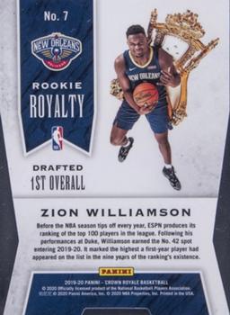 2019-20 Panini Crown Royale - Rookie Royalty Gold #7 Zion Williamson Back