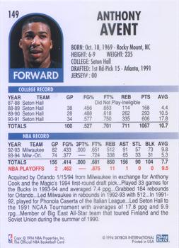 1994-95 Hoops #149 Anthony Avent Back