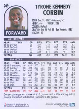 1994-95 Hoops #209 Tyrone Corbin Back