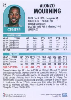 1994-95 Hoops #22 Alonzo Mourning Back