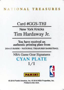2015-16 Panini National Treasures - 2014-15 National Treasures NBA Game Gear Signatures Printing Plates Cyan #GGS-THJ Tim Hardaway Jr. Back