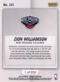 2019-20 Panini Instant NBA #101 Zion Williamson Back