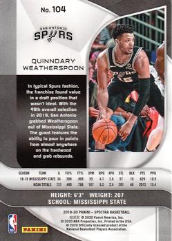 2019-20 Panini Spectra #104 Quinndary Weatherspoon Back