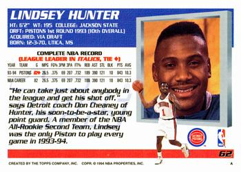 1994-95 Topps #62 Lindsey Hunter Back