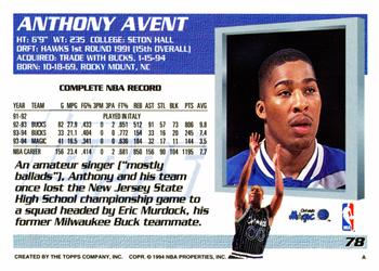 1994-95 Topps #78 Anthony Avent Back