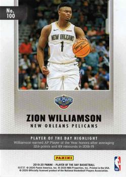 2019-20 Panini Player of the Day #100 Zion Williamson Back