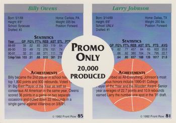 1991-92 Front Row Premier - Dual Player Promos #81 / 85 Larry Johnson / Billy Owens Back