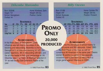 1991-92 Front Row Premier - Dual Player Promos #83 / 85 Billy Owens / Dikembe Mutombo Back