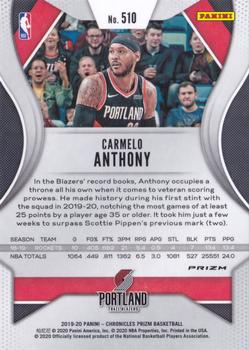 2019-20 Panini Chronicles - Teal #510 Carmelo Anthony Back