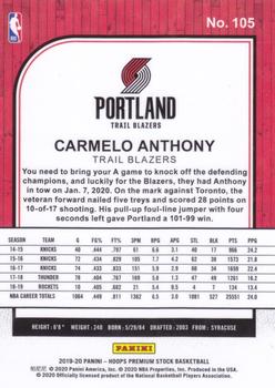 2019-20 Hoops Premium Stock #105 Carmelo Anthony Back