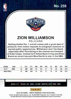 2019-20 Hoops Premium Stock #258 Zion Williamson Back