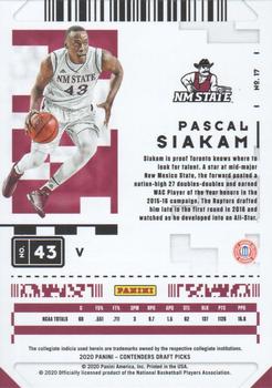 2020 Panini Contenders Draft Picks - Campus Ticket #17 Pascal Siakam Back
