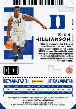 2020 Panini Contenders Draft Picks - Game Ticket Green Explosion #13 Zion Williamson Back