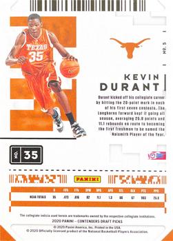 2020 Panini Contenders Draft Picks - Game Ticket Red #5 Kevin Durant Back