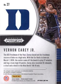 2020 Panini Prizm Draft Picks Collegiate - Green #27 Vernon Carey Jr. Back