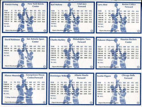 1991-92 Sports Educational - Uncut Sheets #10-18 Scottie Pippen / Hakeem Olajuwon / Larry Bird / Dominique Wilkins / Charles Barkley / Karl Malone / Alonzo Mourning / David Robinson / Patrick Ewing Back