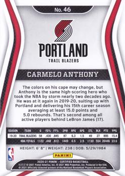 2020-21 Panini Certified #46 Carmelo Anthony Back