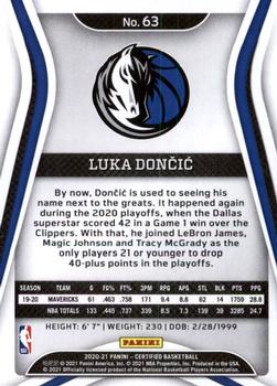 2020-21 Panini Certified #63 Luka Doncic Back