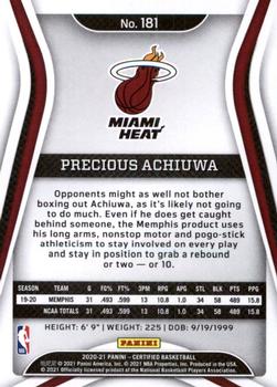 2020-21 Panini Certified #181 Precious Achiuwa Back