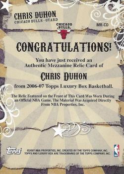 2006-07 Topps Luxury Box - Mezzanine Relics #MR-CD Chris Duhon Back