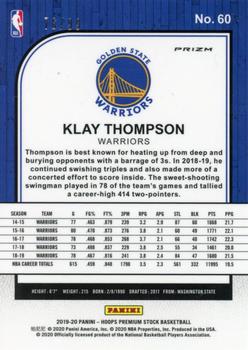 2019-20 Hoops Premium Stock - Prizms Blue Laser #60 Klay Thompson Back