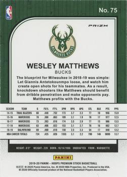 2019-20 Hoops Premium Stock - Prizms Silver Scope #75 Wesley Matthews Back