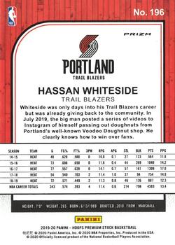 2019-20 Hoops Premium Stock - Prizms Shimmer #196 Hassan Whiteside Back