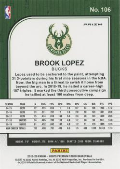 2019-20 Hoops Premium Stock - Prizms Pulsar #106 Brook Lopez Back